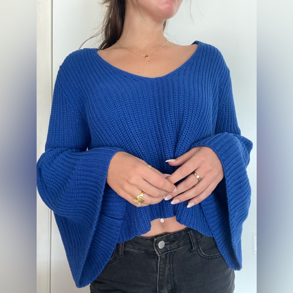 Free People Royal Blue Bell-Sleeve, Scoop Neck Sweater